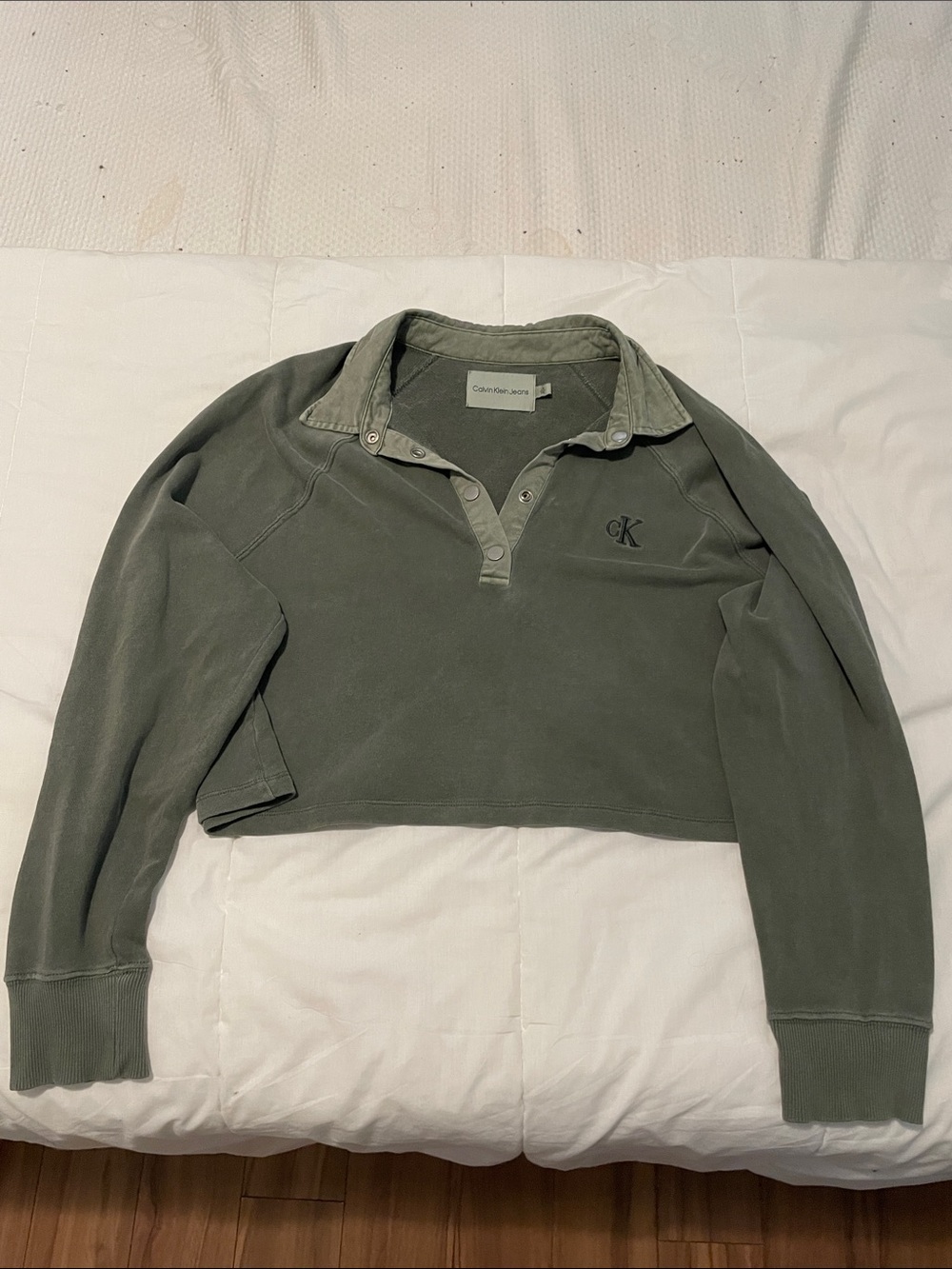Calvin Klein Olive Green Cropped V-Neck Polo Sweater